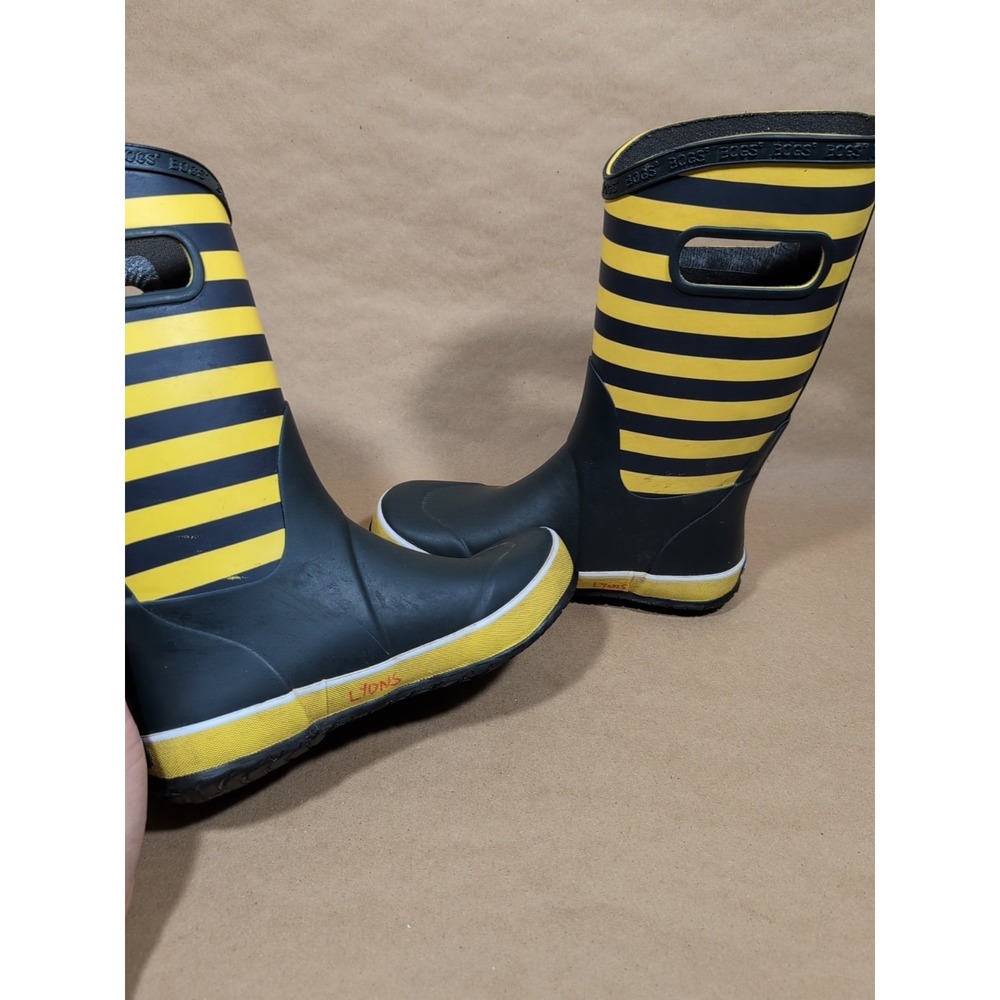 Bogs Kids Youth 4‎ Rain Boots Pull On Rugby Yellow Navy Stripe Waterproof - Picture 6 of 7